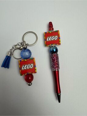 Lego Red and Blue Beaded Pen with Keychain